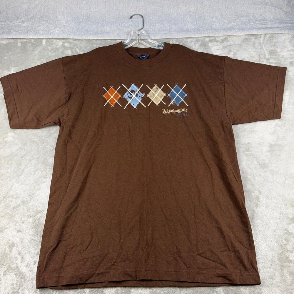 Aeropostale Mens XL Brown Argyle Skull Graphic T-Shirt Short Sleeve Cotton Y2K